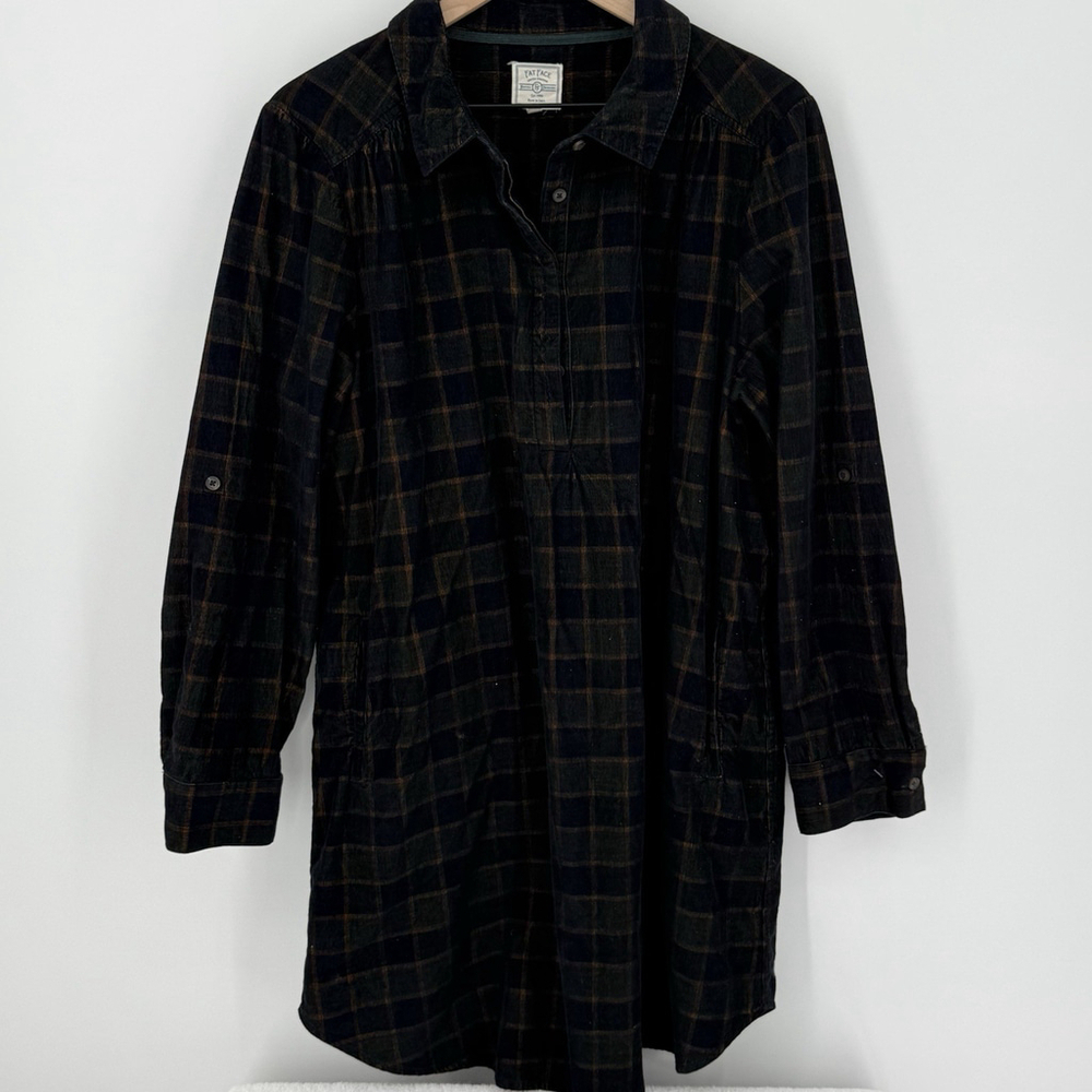 Fat Face Corduroy Shirt Dress Women’s Size 16 Relaxed Fit Pockets Tartan Plaid